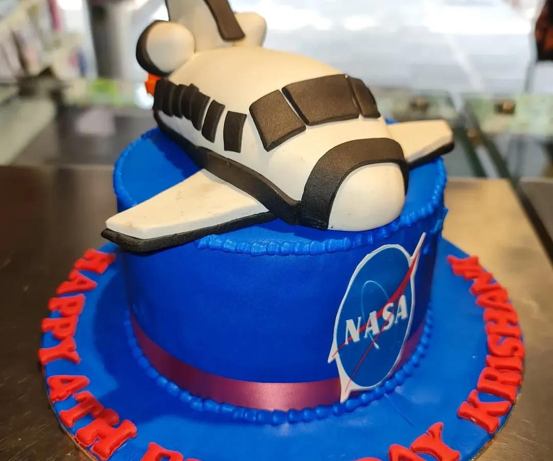 Perfect for aspiring astronauts, this 3D cake features a detailed, hand-sculpted space shuttle ready for launch. The vibrant blue fondant and NASA logo make it a showstopper for any space-themed birthday party.