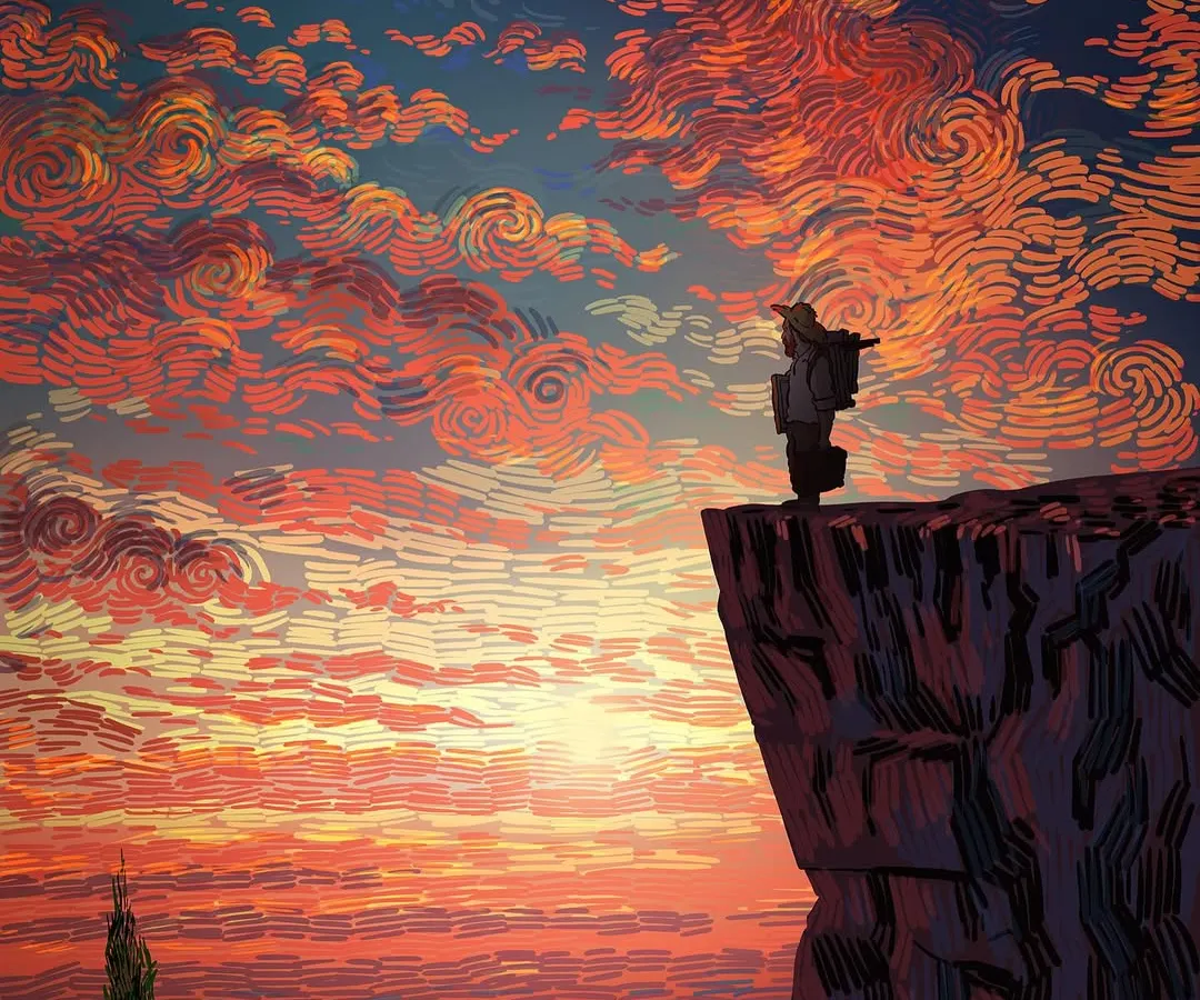 Here, I imagine Vincent at the end of a long journey, standing on a cliff overlooking a town at dusk. The sky is a turbulent swirl of post-impressionist color and emotion, reflecting the inner world of an artist who finds beauty even after emerging from darkness and isolation. This piece is about resilience and the profound beauty found in solitude.