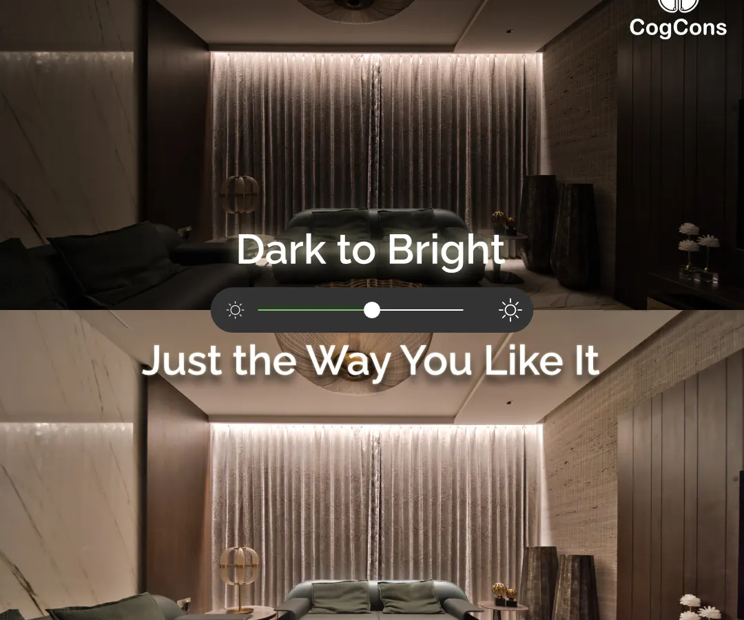 Experience the power of precision dimming. This image shows how we can transform a living room's atmosphere from dark and cozy to bright and welcoming with a simple adjustment. Our smart lighting systems provide full-range dimming control to match any mood or activity.