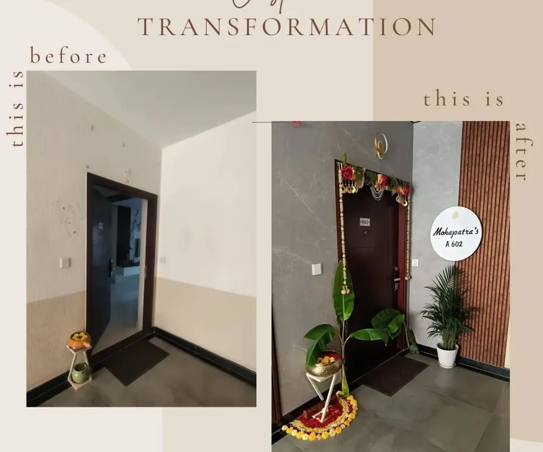 This is the kind of transformation I love. On the left is the plain original entrance, and on the right is the final look after my design and execution, creating a warm and welcoming entryway for the Mahapatra family.