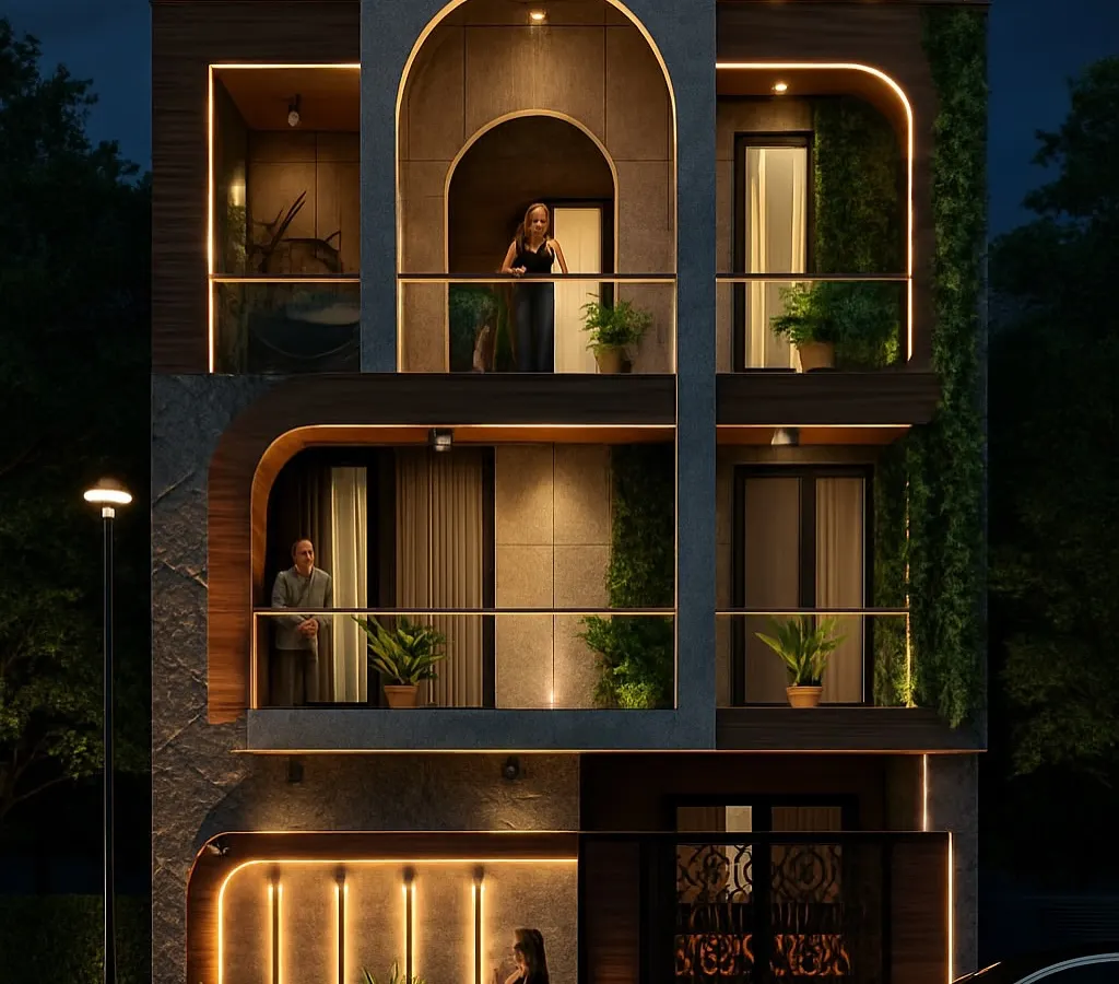 A 3D render showing our design for a 110 sq. yd. residence in Faridabad. We focused on creating a dramatic night-time look with integrated lighting that highlights the modern architectural forms, curved balconies, and vertical green spaces.