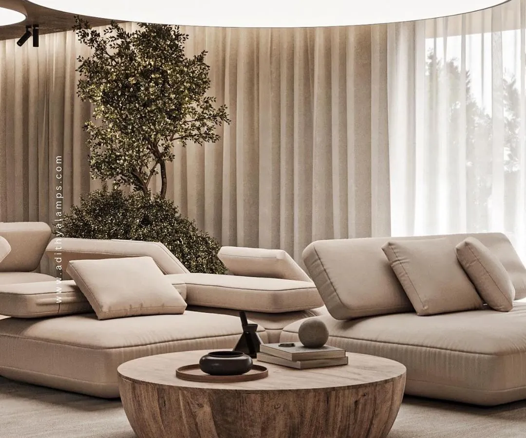 This expansive living room is illuminated by our stretch fabric ceiling light, creating a soft, uniform glow that mimics natural daylight. The fixture provides broad, glare-free illumination, enhancing the room's sense of space and tranquility. It's a perfect example of how lighting can be integrated to feel like a natural part of the architecture.