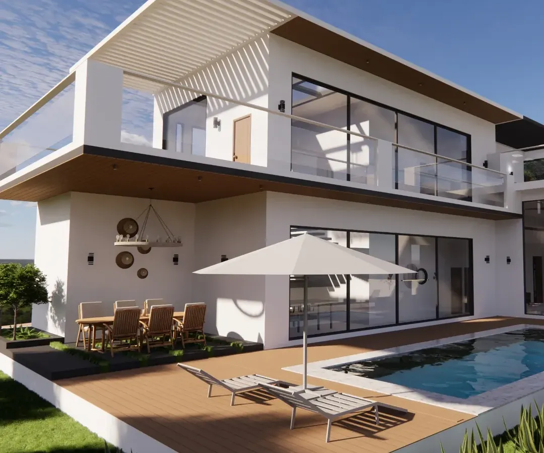 This render of the Snow Villa showcases our philosophy of integrating architecture and landscape. We designed the pool and deck as a natural extension of the living space, creating a fluid connection between the indoors and the panoramic views of the surrounding mango farms.