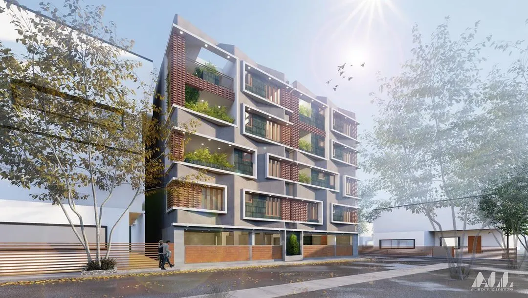 This is a visualization of our 'The Concrete Veil' project in Bengaluru. The architectural design features a graceful concrete facade interwoven with exposed brick and expansive windows, creating an elevation of enduring elegance for this residential complex.