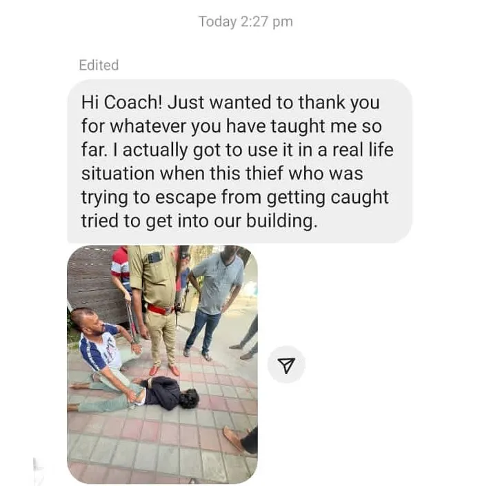 This is why we train. I received this message from a student who used the jiu jitsu skills he learned here to safely control a thief in a real life situation. This is the ultimate validation that my focus on practical, problem solving skills prepares you for the unexpected.
