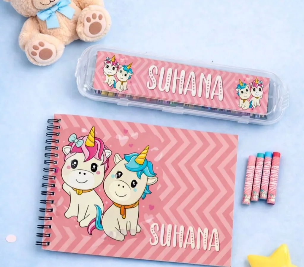 I designed this personalized unicorn-themed drawing book and crayon set to inspire your child's creativity. It's a perfect gift for birthdays or just to make their art time a little more magical.