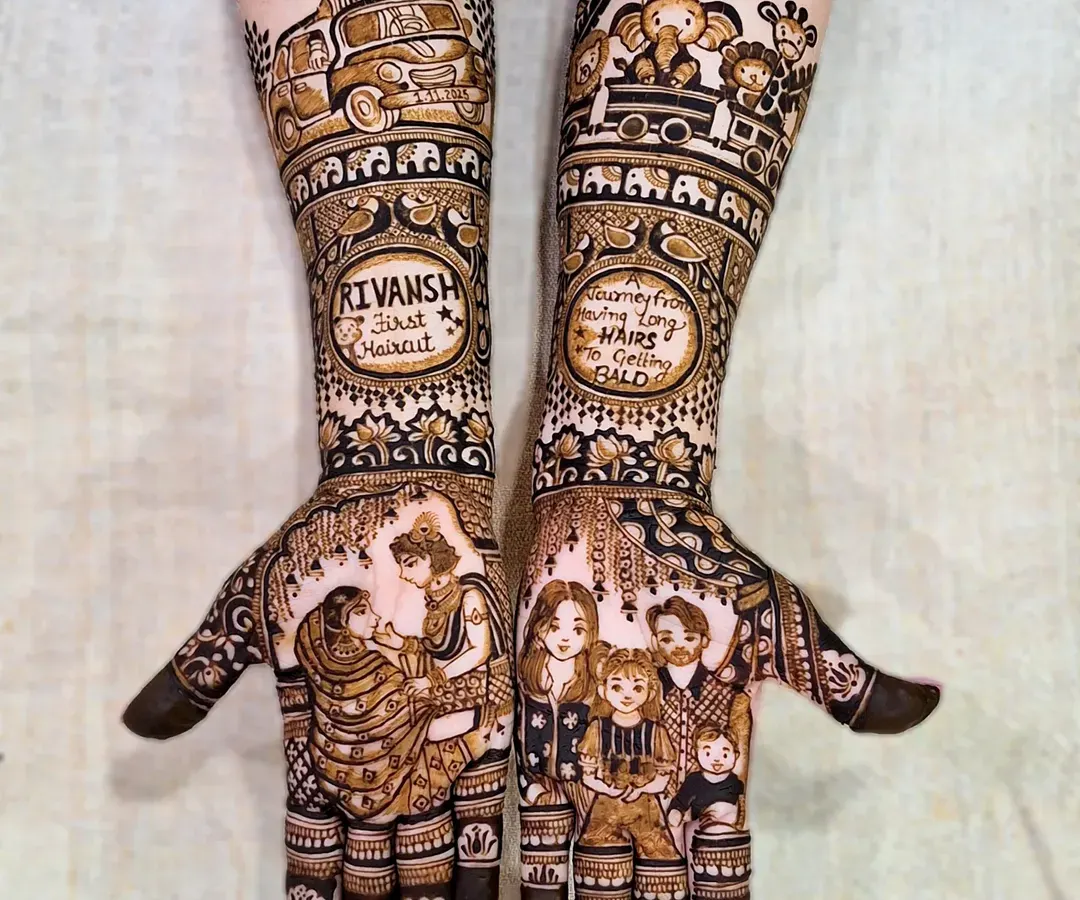 Celebrating life's biggest moments is my passion. This unique henna design was created for a baby shower and Mundan ceremony, featuring a family portrait, the baby's first haircut, and adorable animals in a car to tell the family's story.