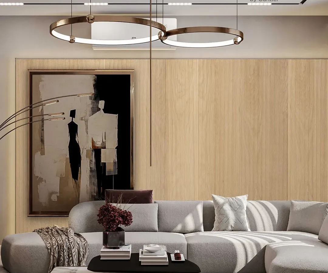 Here is how my fluted veneer panels can transform a living room. They create a sophisticated feature wall that adds warmth and texture, elevating the entire space beyond what simple paint could achieve.