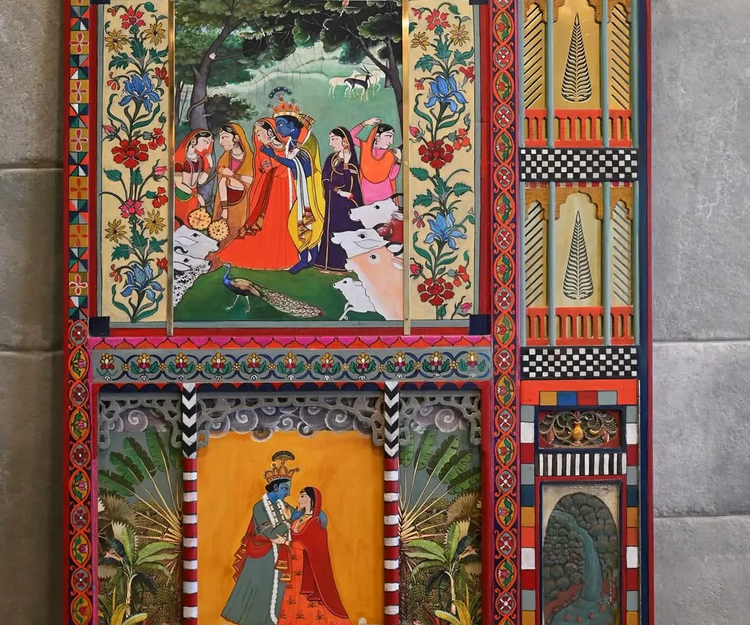 A salvaged camphor wood panel, once forgotten, is now a canvas for Krishna's tales. Through meticulous restoration and a combination of hand-painting and digital artistry, this architectural fragment has been transformed into a piece of fine art, rich with narrative and color.