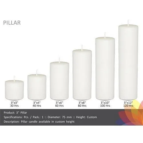 This chart shows the range of sizes I offer for my white pillar candles, from a 3x3 inch candle with a 30-hour burn time up to a tall 3x12 inch candle that burns for 120 hours. I can create custom heights for your bulk order.