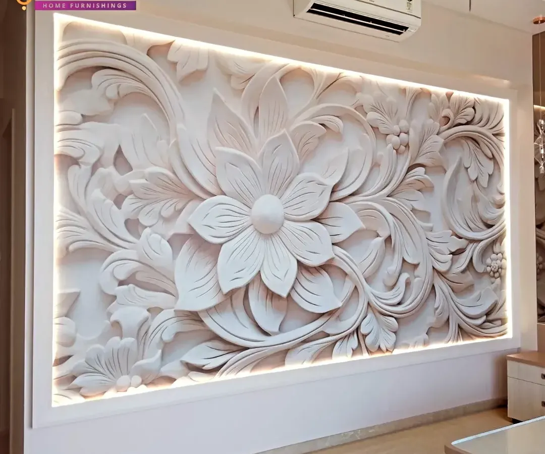 A wider view of the same 3D floral installation, showcasing how it transforms an entire wall into a focal point. The integrated lighting enhances the carved details, creating a warm and inviting ambiance.