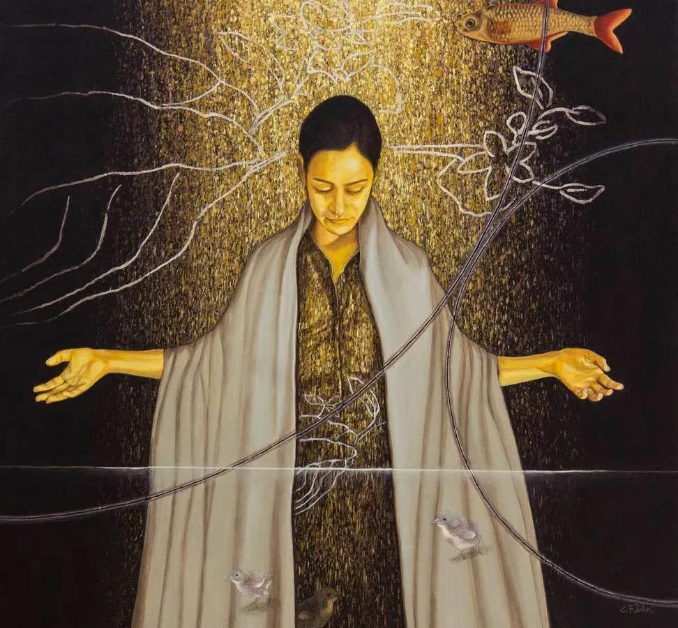 A powerful and evocative painting by artist C.F. John from his solo exhibition. This piece, rich in spiritual symbolism, demonstrates the profound, meditative quality of the art we feature, inviting deep reflection from the viewer.