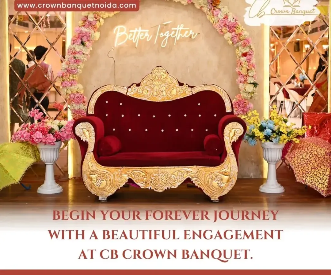 We set the stage for your forever journey. This elegant seating for an engagement ceremony, featuring a royal red and gold sofa under a "Better Together" neon sign, creates a perfect photo-worthy moment for your special announcement.