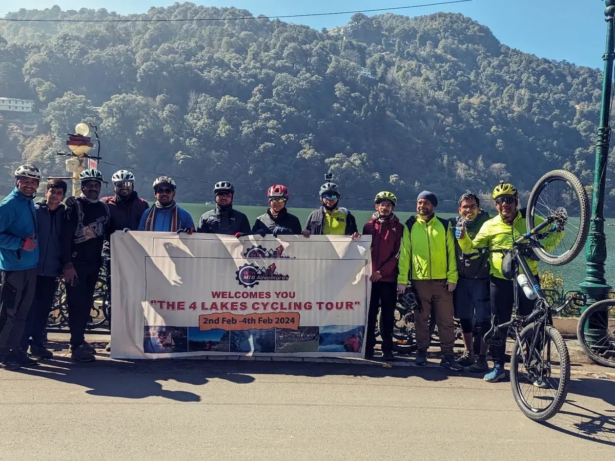 This is what it's all about. A group of happy riders at the end of our 4 Lakes Cycling Tour in Nainital. We build events where the camaraderie is just as important as the competition, creating a supportive and fun atmosphere for everyone.