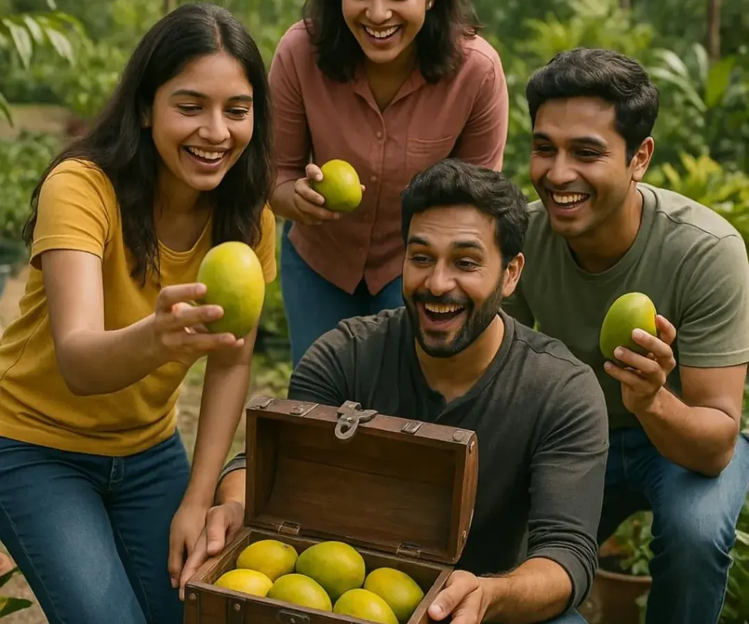 Nothing brings people together like a bit of fun. Here, a group of friends are all smiles during our Mango Treasure Hunt, one of the many activities I organize during our seasonal festivals. It’s about creating joyful, lasting memories.