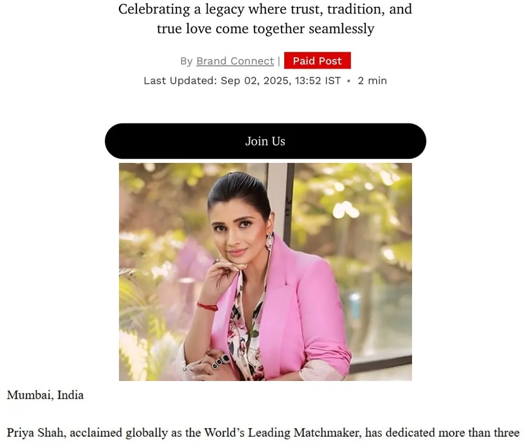I am honored that Forbes India recognized my work by naming me 'The World's Leading Matchmaker'. For over three decades, my focus has been on blending tradition and trust to create unions that last a lifetime, a legacy I am incredibly proud of.