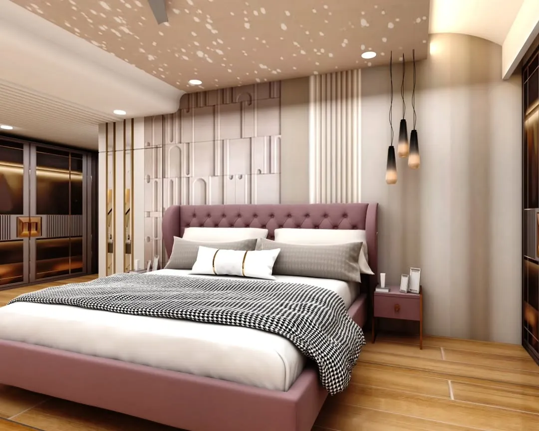 For this master bedroom, the goal was to create a personal retreat. The design features a textured accent wall, layered lighting, and a custom upholstered bed to achieve a balance of modern style and serene comfort.