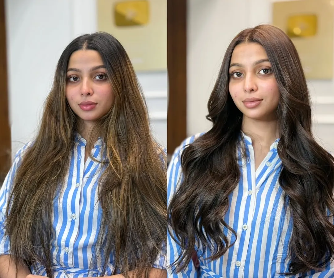 A perfect example of a before and after. We corrected her previous uneven color to create this rich, glossy chocolate brown look. The shine and health of the hair speak for themselves.