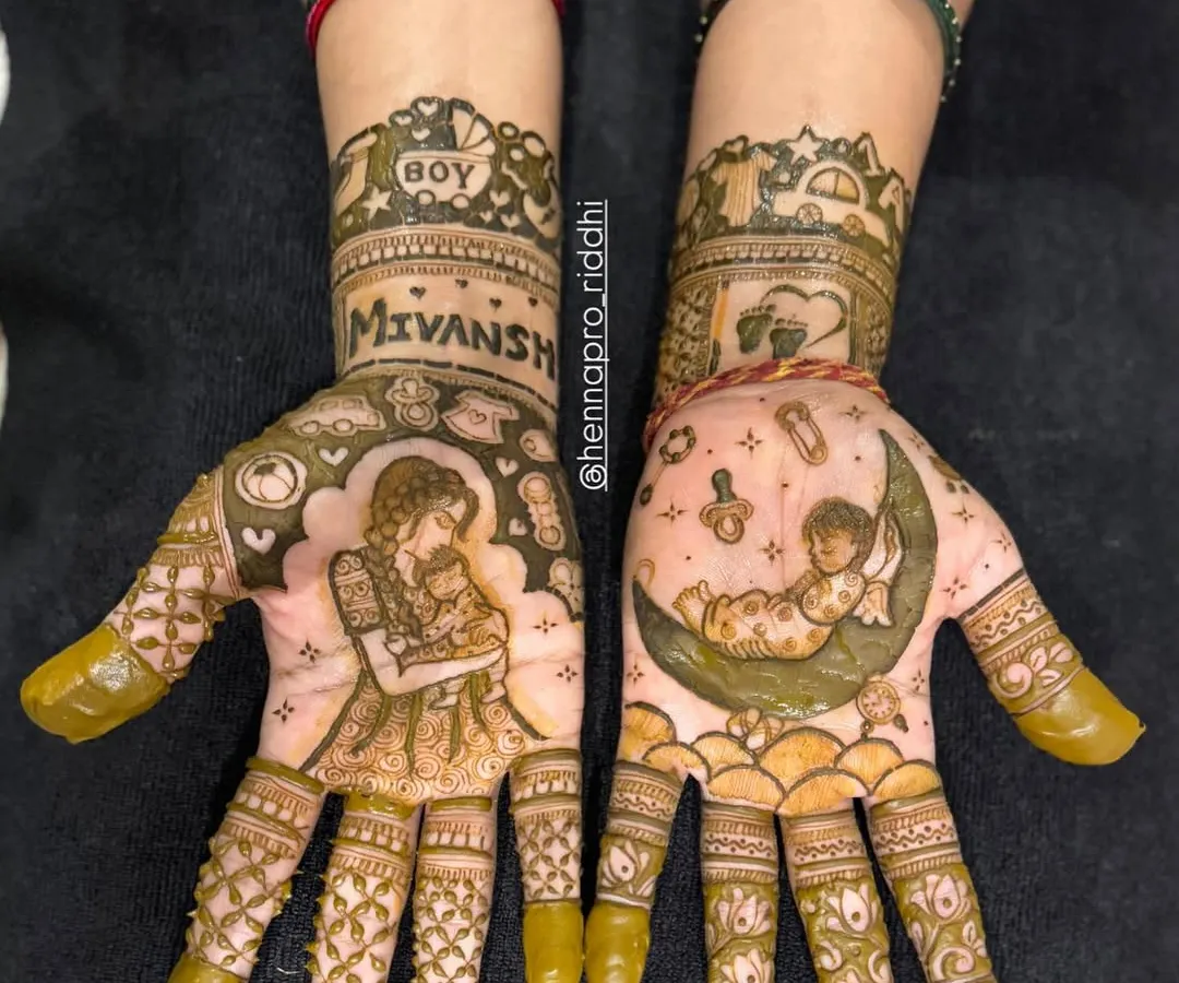 Celebrating a new arrival is so special, and I love creating personalized baby shower henna. This design features a mother and child portrait, the baby's name, and other cute details to welcome the little one.