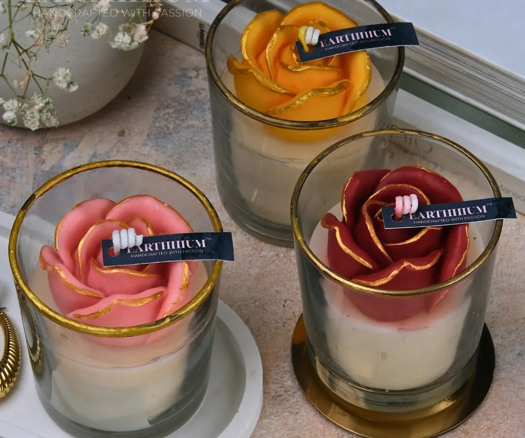 My floral votive candles are one of my favorite things to make. I shape each rose by hand and finish the petals with a delicate touch of gold, all housed in an elegant glass jar. They come in a variety of colors, perfect for gifting or adding a romantic glow to your room.
