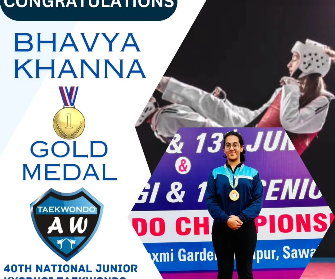 CONGRATULATIONS to our champion Bhavya Khanna for winning the Gold Medal at the 40th National Junior Kyorugi Taekwondo Championship. We train our students not just to compete, but to win.