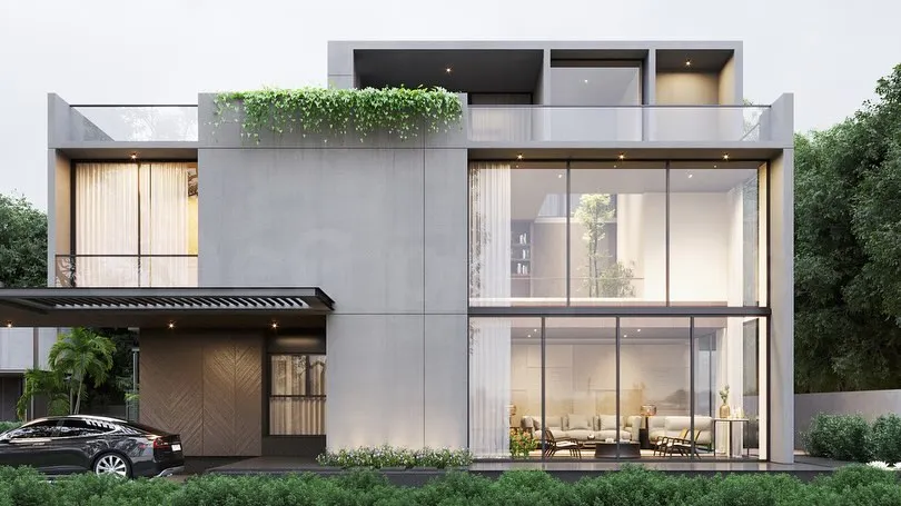 A prototype for a housing master plan in Bangalore, showcasing a modern aesthetic with extensive use of glass to connect interiors with the surrounding landscape. This design emphasizes clean lines and a strong relationship between the built form and nature.