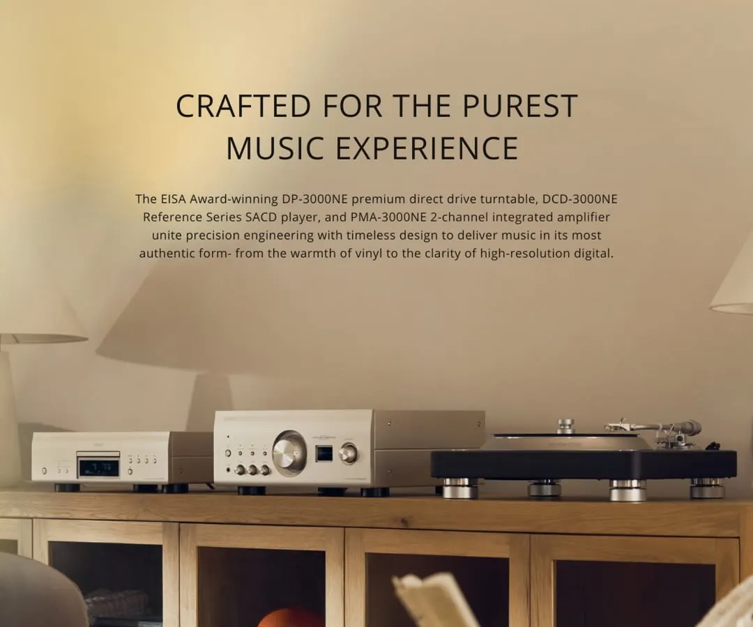 We celebrate the pinnacle of audio engineering with the EISA award-winning Denon reference series. This setup, featuring the DP-3000NE turntable, delivers the warmth of vinyl and the clarity of high-resolution digital, representing our commitment to the purest music experience.