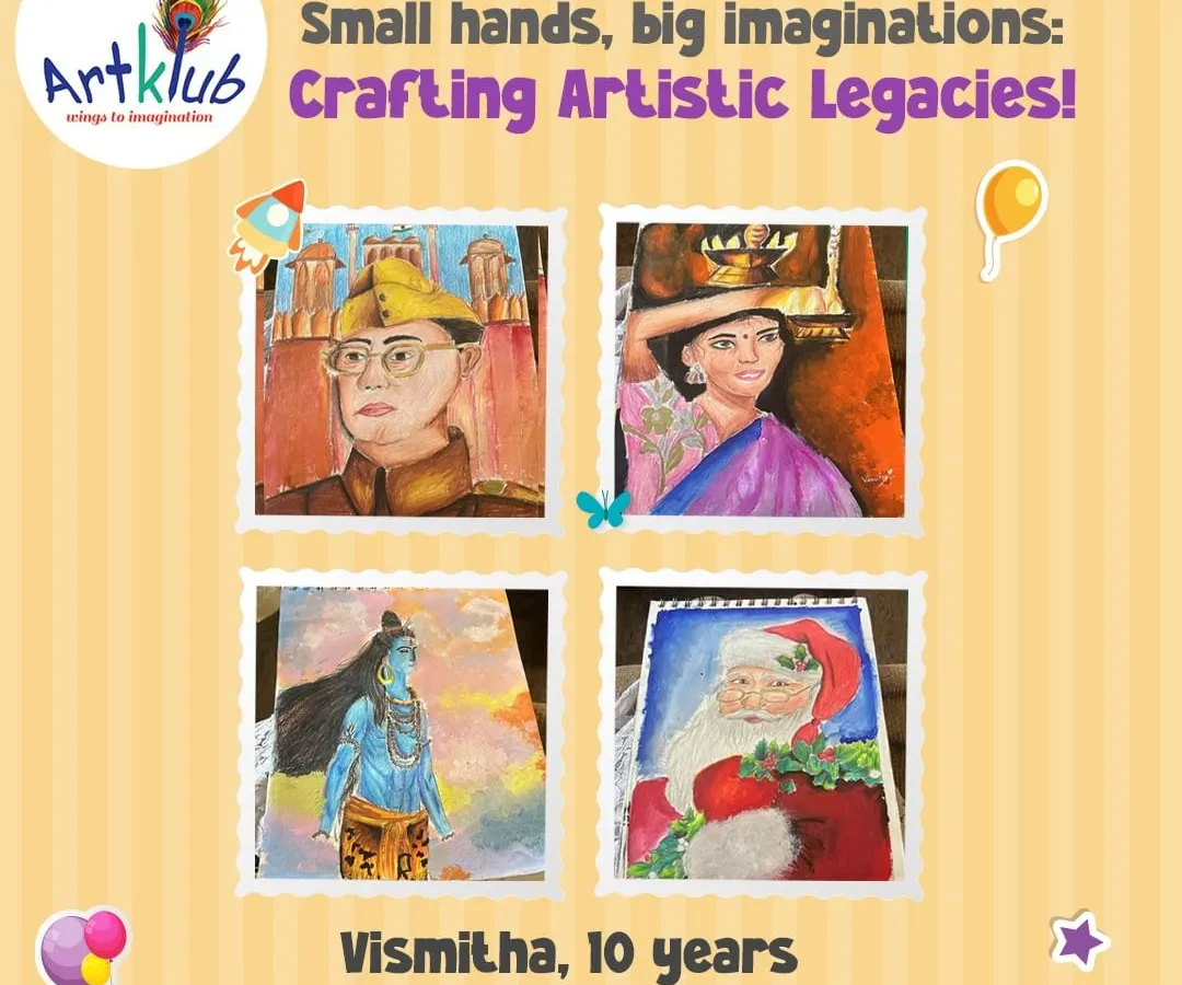 We guide students to build impressive artistic legacies. Here, 10-year-old Vismitha showcases her advanced portrait skills with detailed renderings of historical figures like Subhas Chandra Bose, cultural icons like Lord Shiva, and festive characters like Santa Claus.