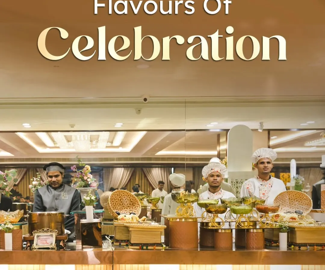 This is what the flavours of celebration look like. A grand buffet spread, meticulously arranged with gleaming copper vessels and staffed by my professional team, ready to serve an unforgettable feast.