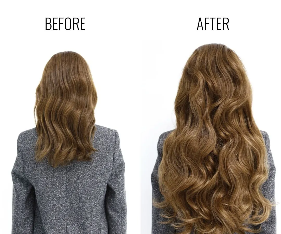 See the difference for yourself. We transformed this client's look by adding significant length and natural-looking waves using our premium human hair extensions, creating a fuller, healthier appearance.