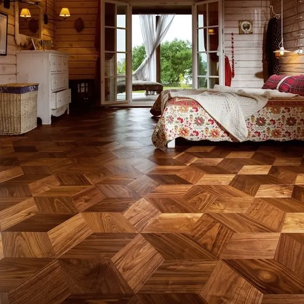 This is how I turn a simple bedroom into a statement piece. The 3D geometric parquet flooring isn't just a surface to walk on; it's a work of art that adds depth and character. I use high-quality wood and precision installation for a flawless, durable finish.