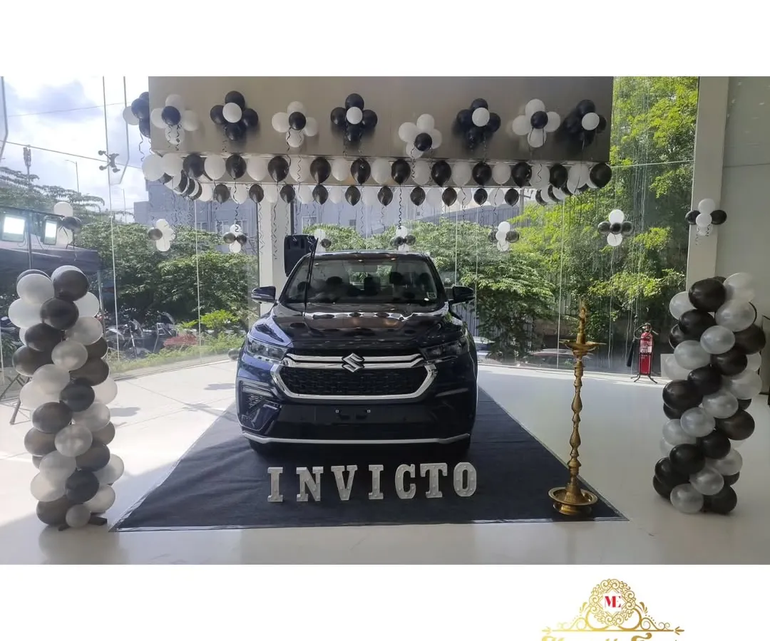 For the launch of the Maruti Suzuki Invicto at a Nexa showroom, I designed a sleek and modern black and white theme. The decor, including balloon pillars and wall arrangements, was created to highlight the new car without distracting from it.