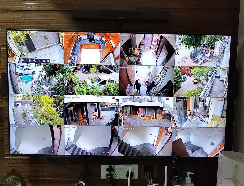 See everything at once. This is a completed 16-camera Hikvision 4MP IP camera installation, providing crystal clear footage for a large property. We set up the monitor so you can view all angles easily.