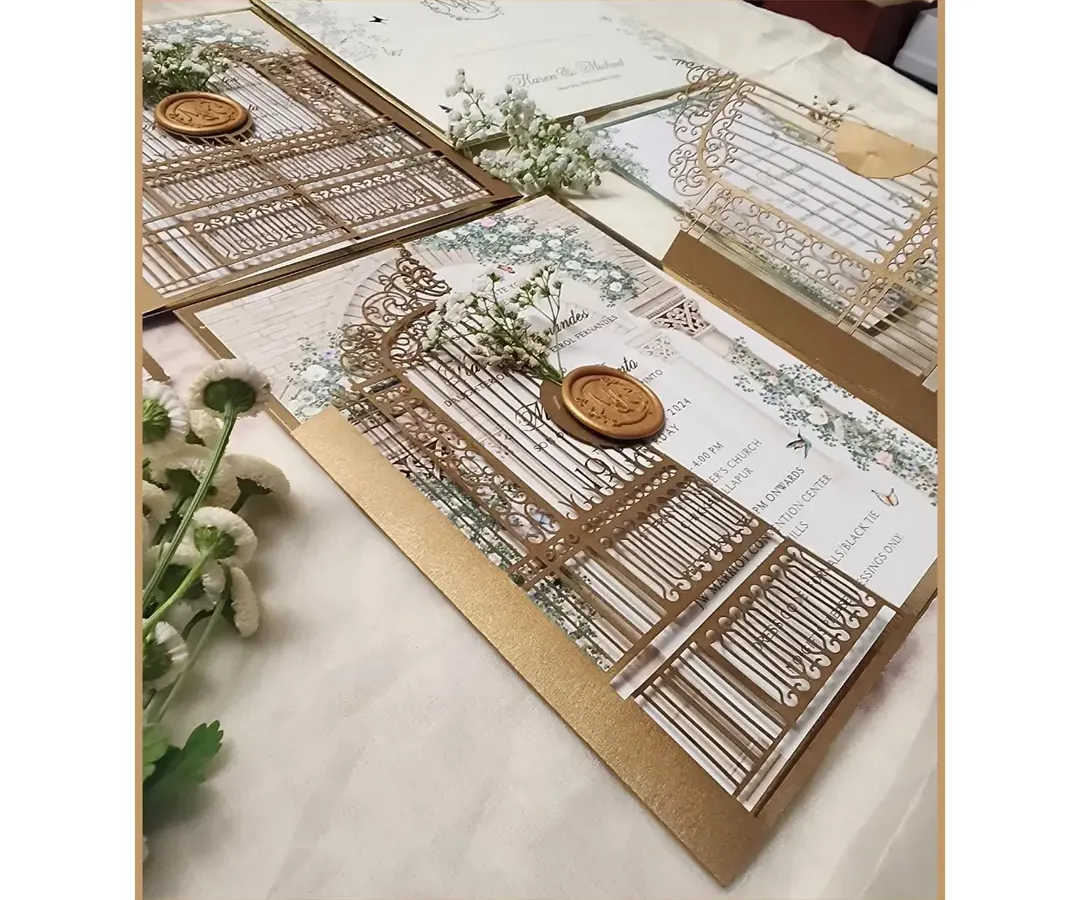 An enchanted fairytale wedding comes to life with this intricate laser-cut gatefold design. Finished with a custom wax seal, this physical invitation offers a tangible sense of magic and anticipation for the special day.