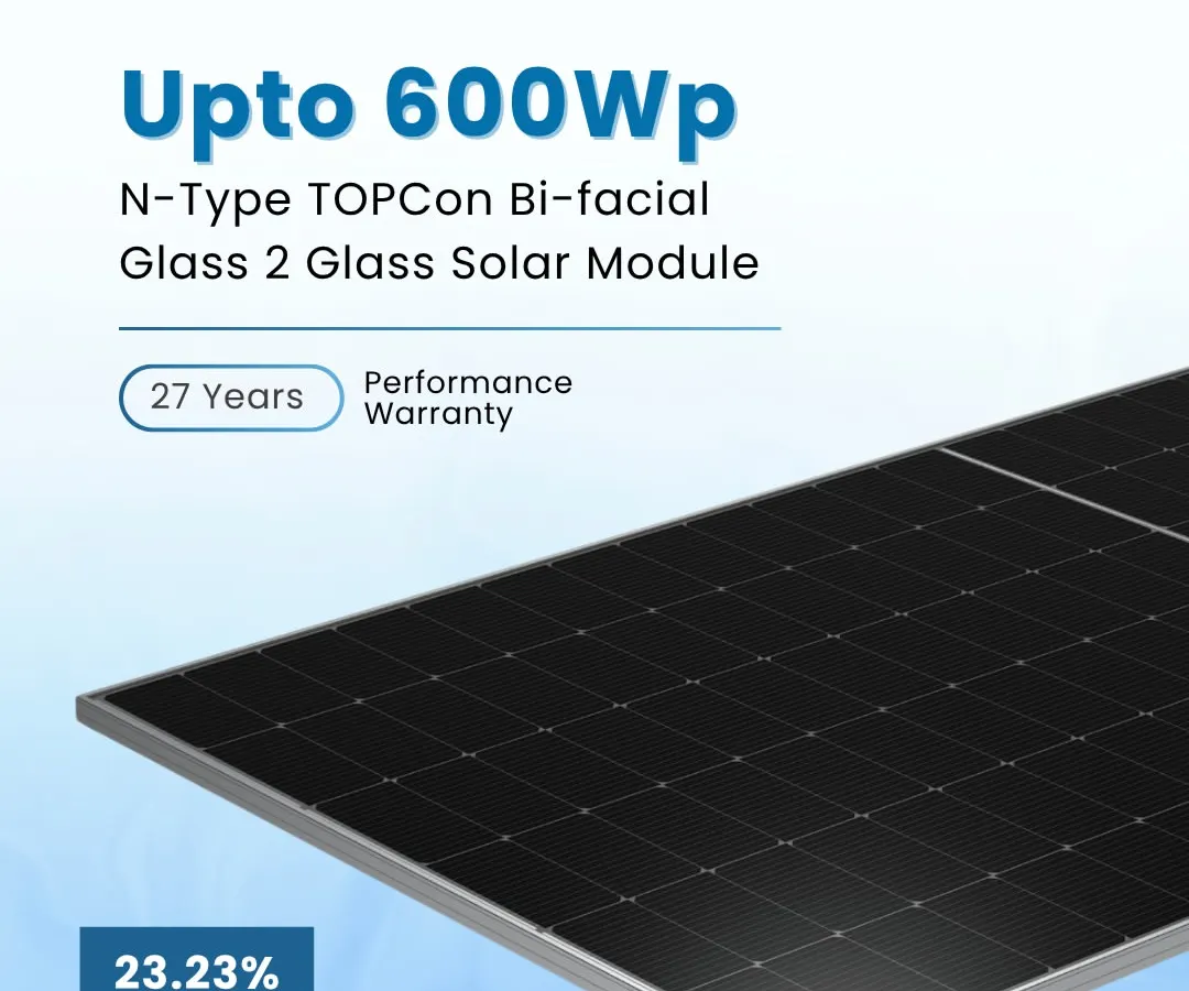 This is our N-Type TOPCon Bi-facial module, a testament to our commitment to innovation. It delivers an exceptional power output of up to 600 Wp with 23.23% efficiency, backed by a 27-year performance warranty for long-term energy security.