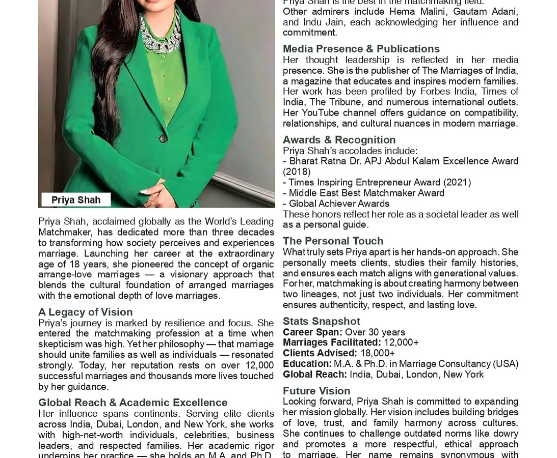 I am honored to be featured as 'The World's Leading Matchmaker'. This recognition is a testament to the thousands of successful marriages and the trust families have placed in me to guide them on their most important journey. My work is about creating lasting love stories.