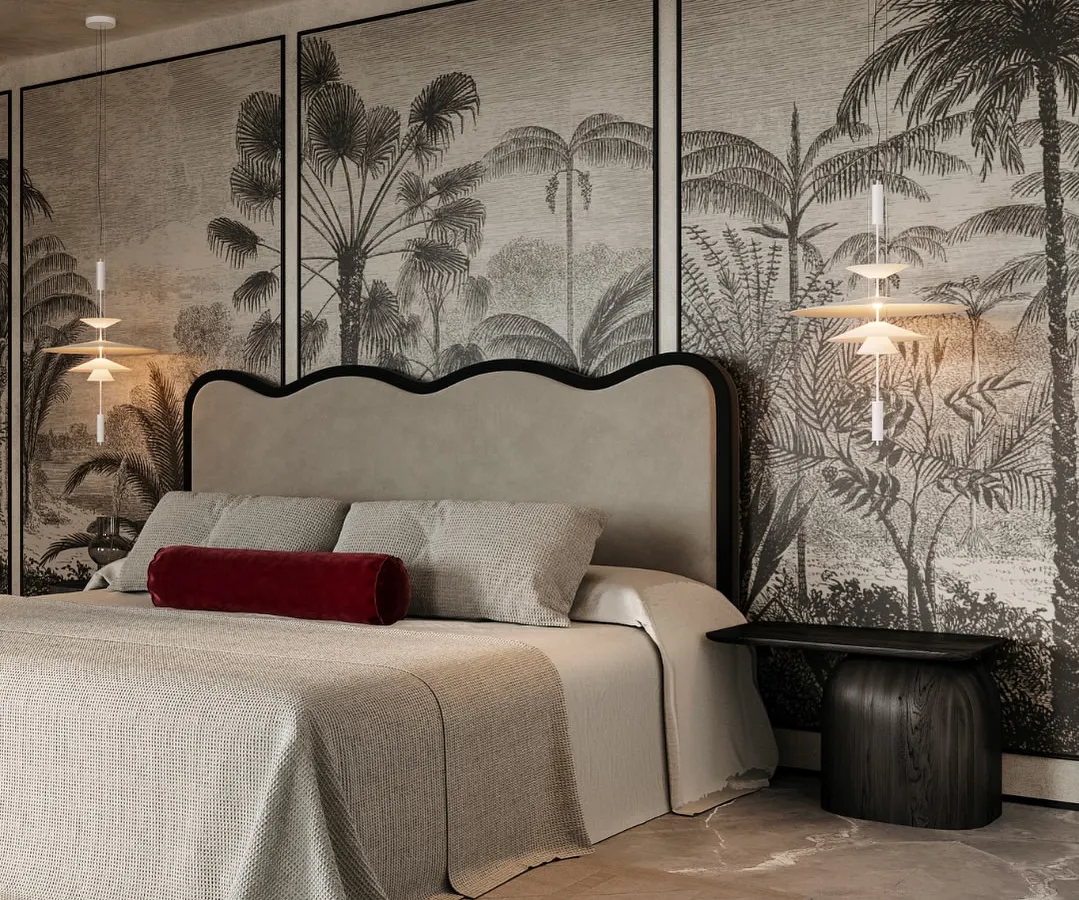For this master bedroom, I designed a dramatic and moody retreat. The tropical-themed mural acts as a stunning art piece, creating an immersive backdrop that feels both relaxing and sophisticated, perfect for unwinding.