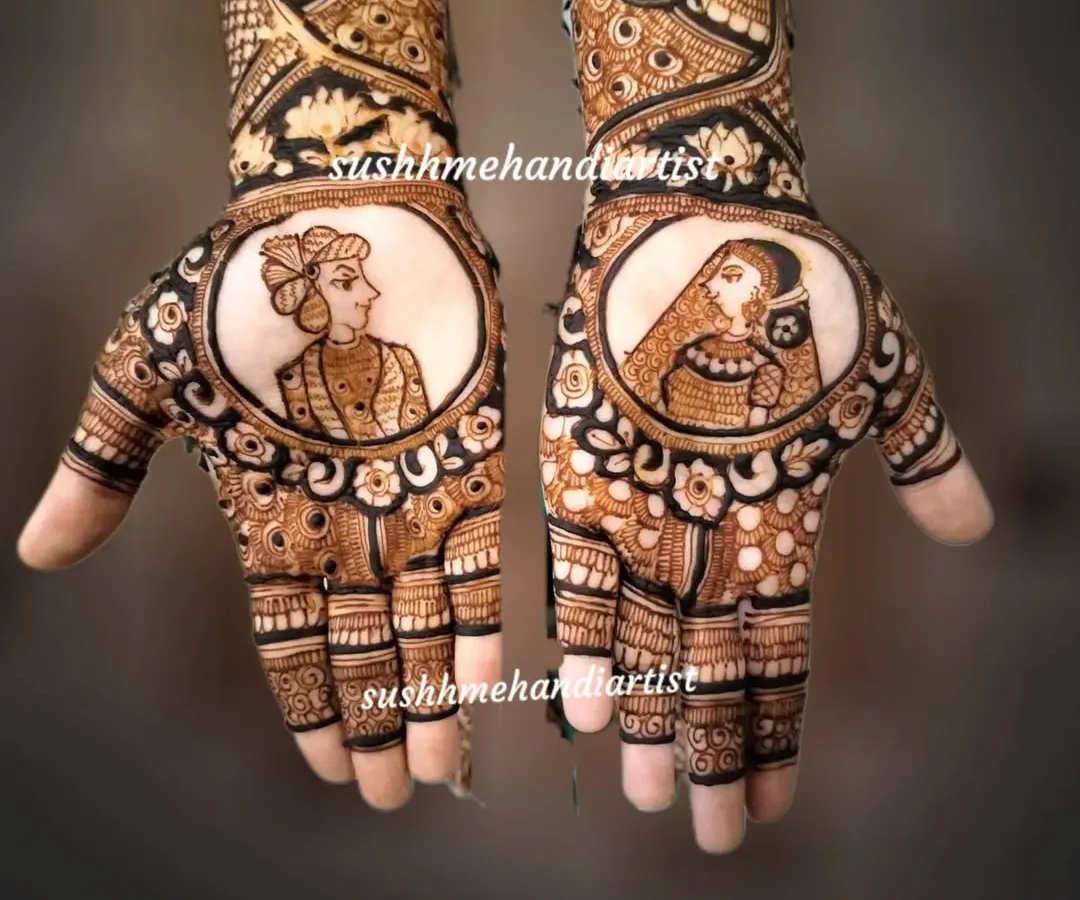 Your love story, told through henna. I specialize in creating custom Raja-Rani portraits for your bridal mehandi, making your design truly one of a kind. We can plan these special elements together.