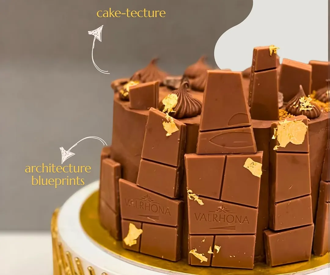 I call this "cake-tecture". Designed for an architect, this rich Valrhona chocolate cake is structured to resemble architectural blueprints. It’s a perfect example of how I translate your passions and stories into a delicious, edible art form.