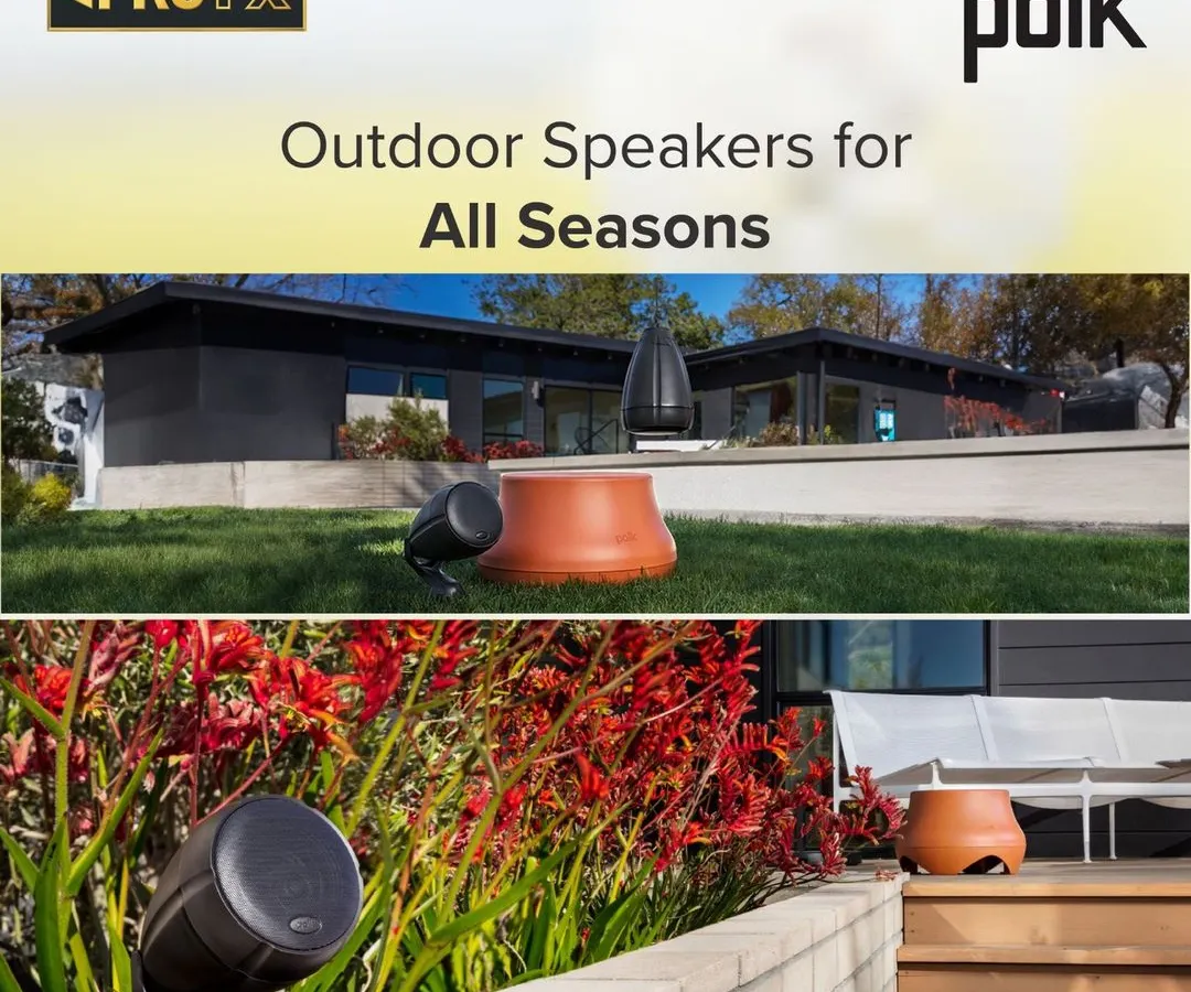Our design philosophy is to make technology disappear into the landscape. Here, Polk Atrium series satellite speakers and a SUB100 subwoofer blend perfectly into the garden and deck area, delivering rich, full-range sound without disrupting the natural beauty of your space.