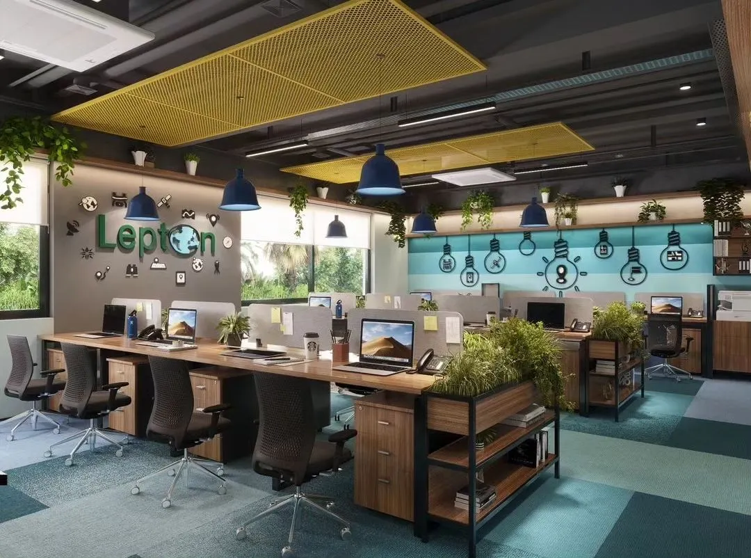 For the Lepton office, I created a vibrant, open-plan workspace designed to inspire collaboration and creativity. The design uses bold colors, branded wall graphics, and integrated greenery to build an energetic atmosphere that reflects the company's innovative spirit.