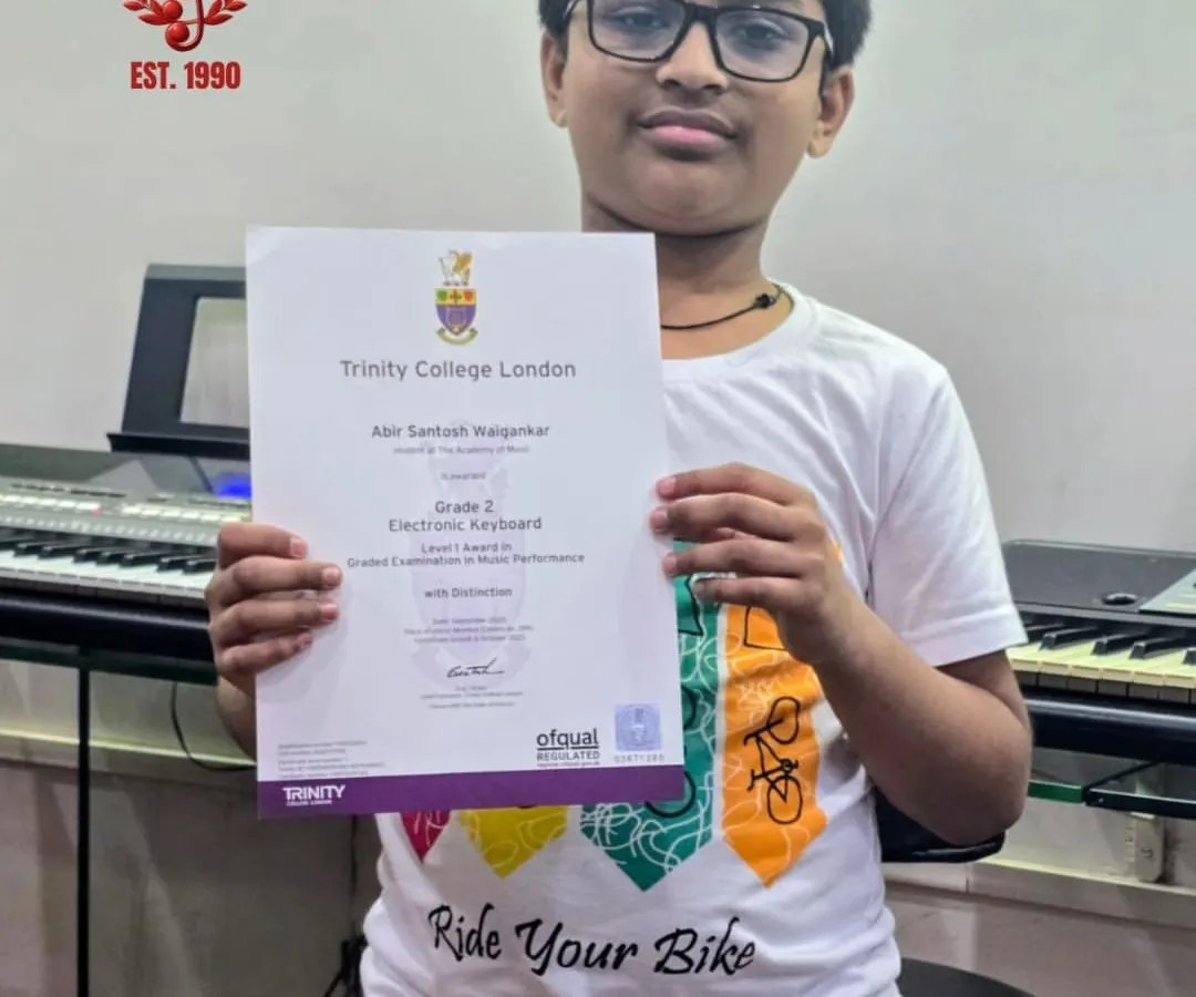 We are incredibly proud of our student Abir Waigankar, who achieved a stunning score of 97 out of 100 on his Grade 2 Trinity Keyboard exam. His success is a testament to the dedicated coaching and supportive learning we provide for all our exam candidates.