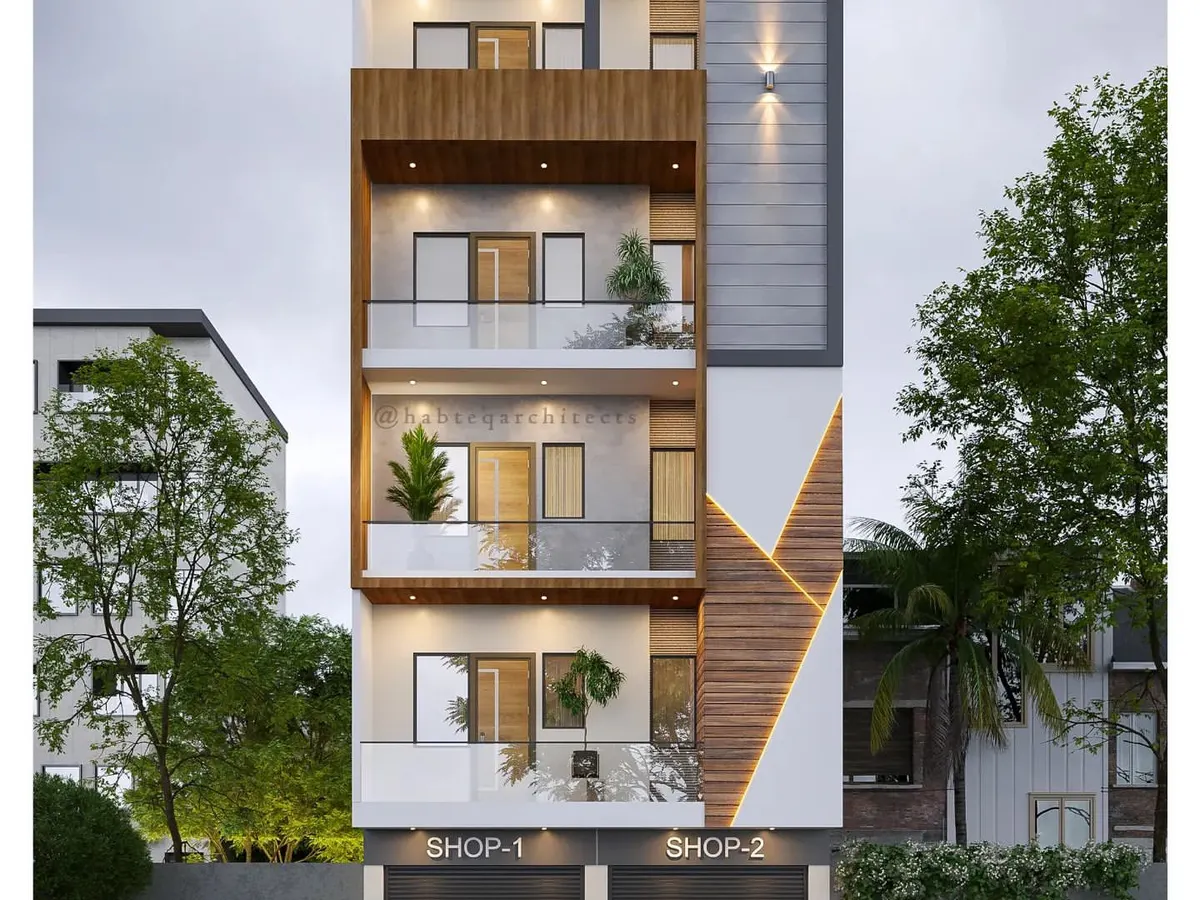 This proposed elevation for builder floors in West Delhi integrates commercial shops on the ground floor. The design uses a dynamic mix of wood textures, profile lighting, and glass railings to create a modern, multi-functional building.
