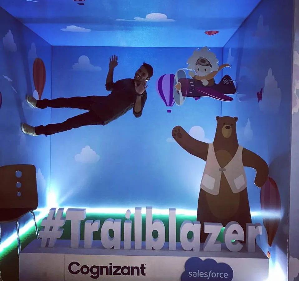 An attendee interacts with our Anti-Gravity Booth at a corporate event for Cognizant and Salesforce. This setup creates a powerful illusion of floating, providing a unique photo opportunity that highlights event sponsors and themes.