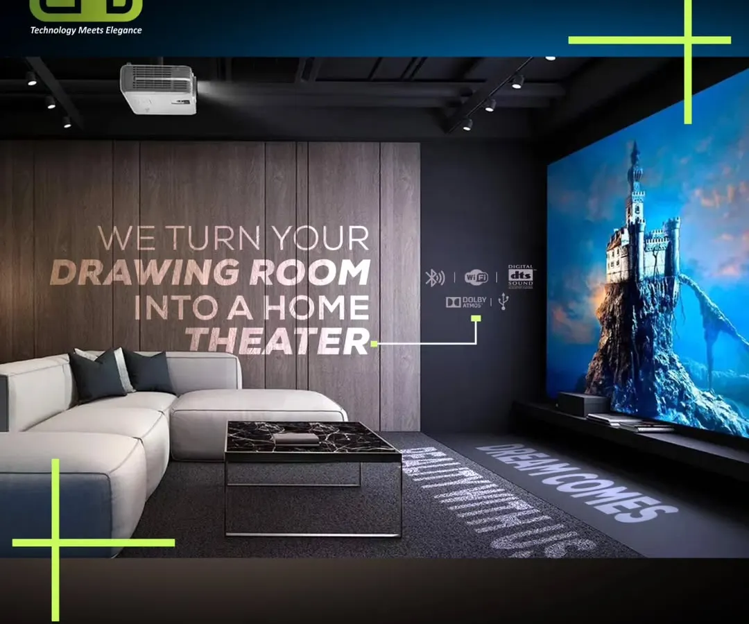 We specialize in transforming versatile spaces, like this drawing room, into a high-performance home theater without compromising your home's aesthetic.