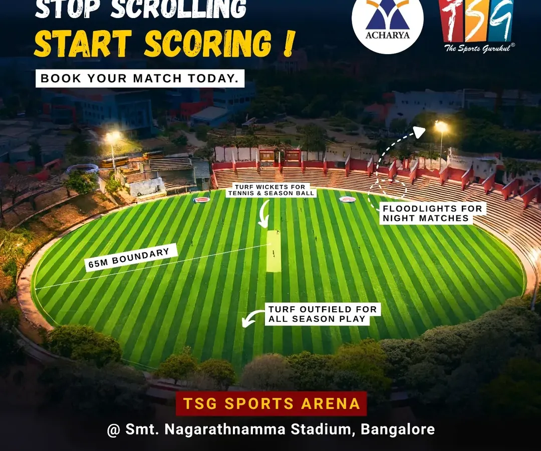 We build facilities that feel like a professional league. This is our TSG Sports Arena at Smt. Nagarathnamma Stadium in Bangalore, a full-scale cricket ground complete with a 65m boundary, turf wicket for season ball play, and powerful floodlights for night matches.