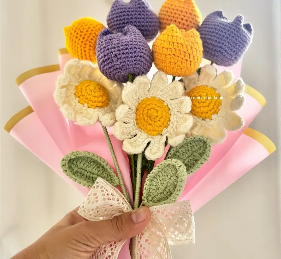 A gift that never fades. I customized this lovely crochet bouquet with daisies and tulips for a client to give her best friend on her birthday. We can create a custom flower arrangement for any special person in your life.