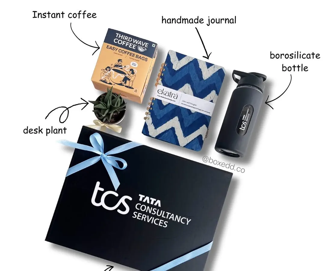 This is how we redefine employee onboarding. For our client TCS, we created this welcome kit with essentials like a branded borosilicate bottle, a handmade journal, and artisanal coffee, ensuring every new hire feels valued from day one.