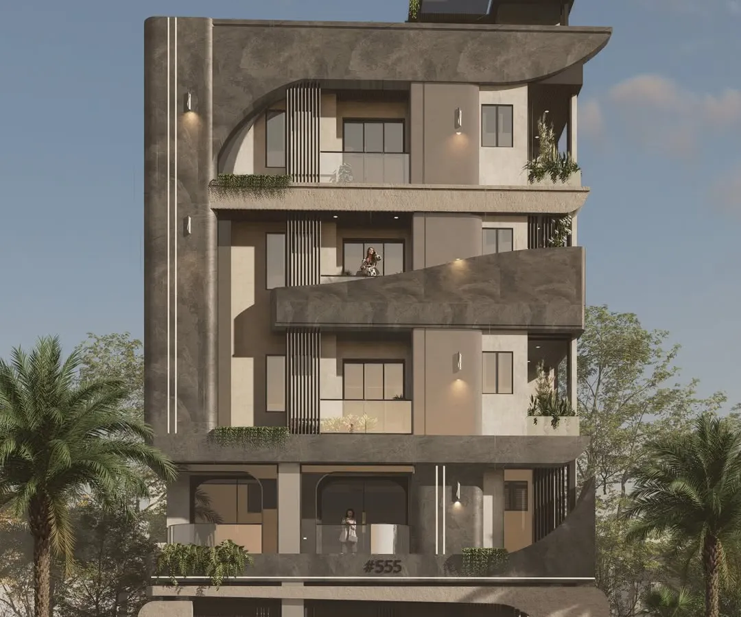 For urban living, we design bold and functional homes like this contemporary G+3 residence on a 40x40 plot. The design uses a textured concrete finish and flowing curves to create a strong sculptural statement, proving that compact spaces can have a grand presence.