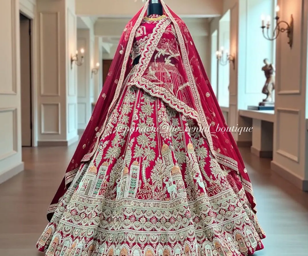 For the bride who dreams of a fairytale wedding, this magnificent red bridal lehenga is a masterpiece. The skirt is adorned with detailed embroidery depicting palanquins and royal processions, making it a truly unforgettable part of your story.